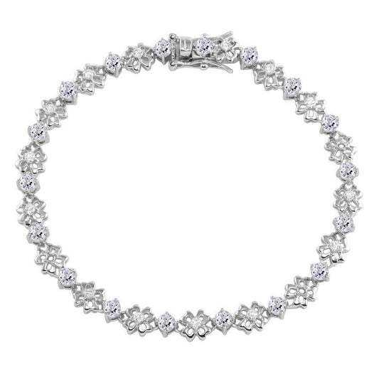 Silver 925 Rhodium Plated Flower Link  Bracelet with Clear CZ - BGB00304CLR | Silver Palace Inc.