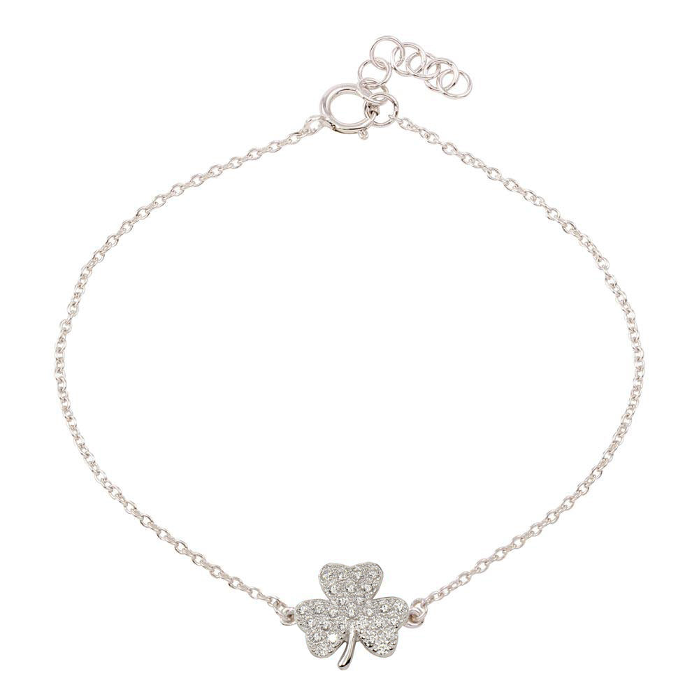 Rhodium Plated 925 Sterling Silver Clover Bracelet with Clear CZ - BGB00311