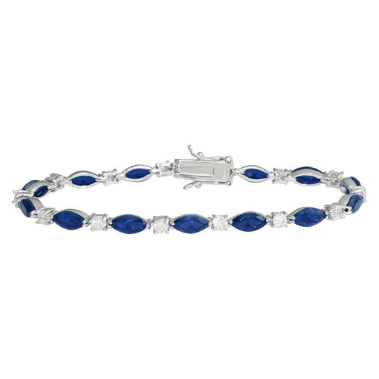 Silver 925 Rhodium Plated Alternating Blue Oval CZ and Clear Round CZ Tennis Bracelet - BGB00326BLU | Silver Palace Inc.