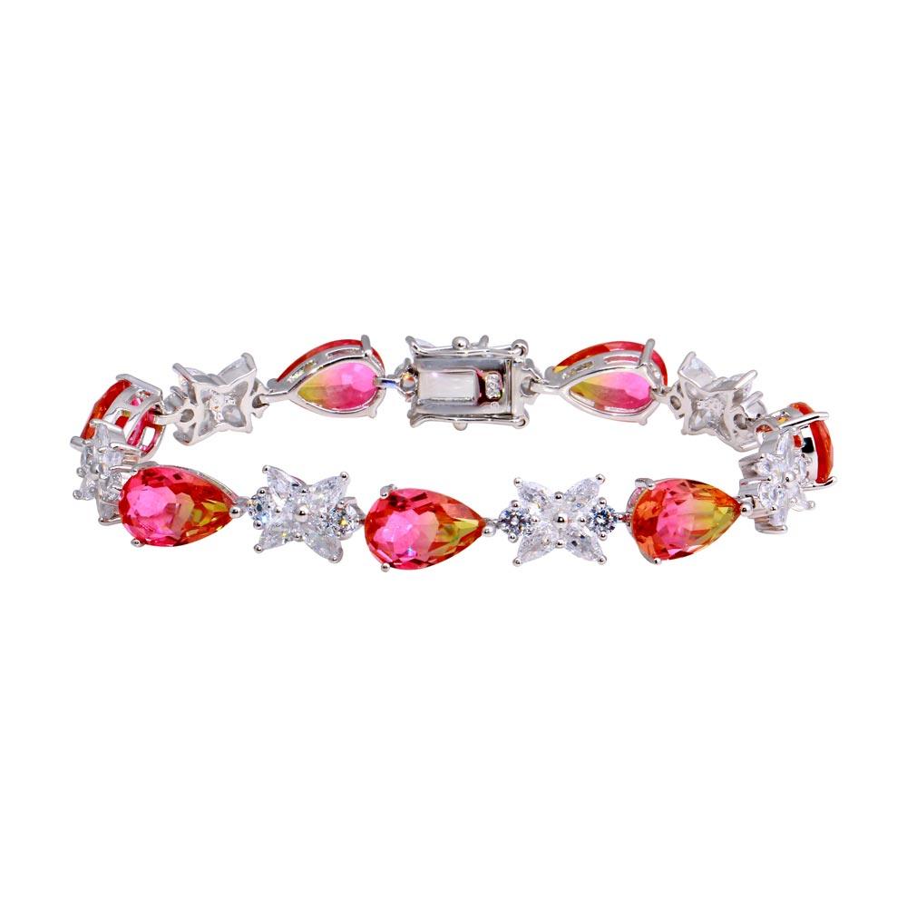 Silver 925 Rhodium Plated Orange Pink Teardrop Tennis Bracelet - BGB00329 | Silver Palace Inc.