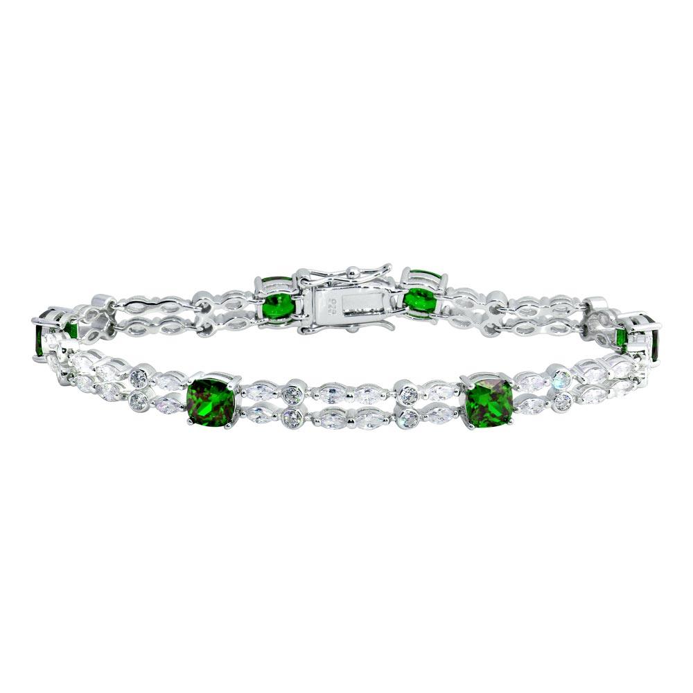 Silver 925 Rhodium Plated 2 Row Clear and Green CZ Tennis Bracelet - BGB00332GRN | Silver Palace Inc.