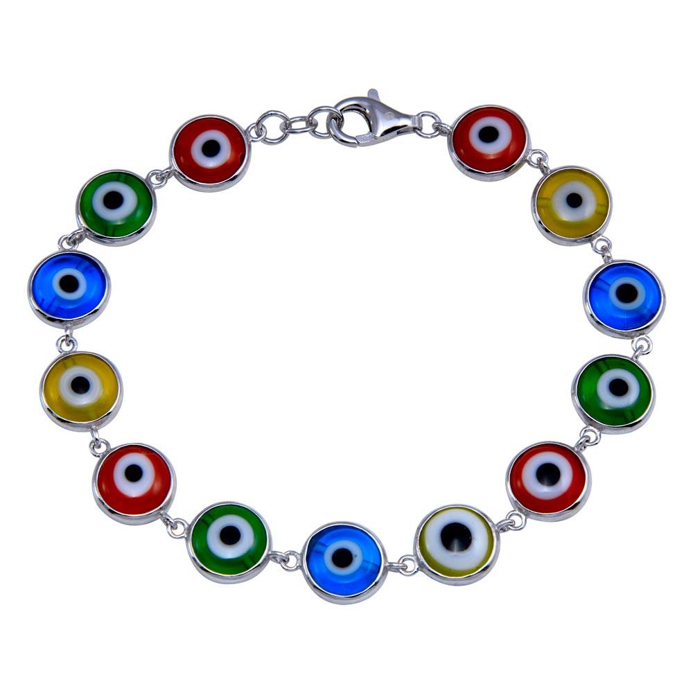 Rhodium Plated 925 Sterling Silver Evil Eye Link Bracelet  - BGB00354 | Silver Palace Inc.