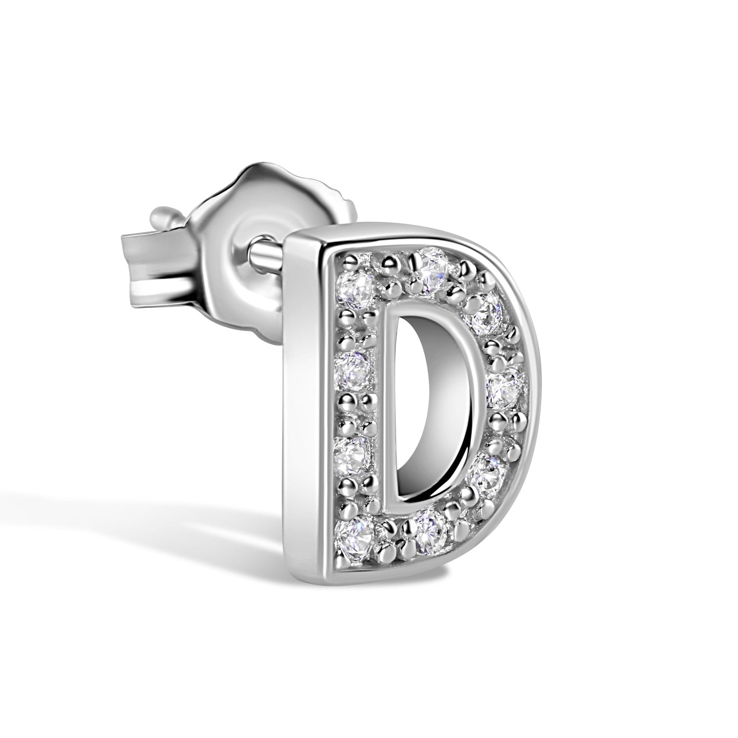 Rhodium Plated 925 Sterling Silver *SINGLE Letter Alphabet Clear CZ 8.8mm Stud Earring - BGE00387