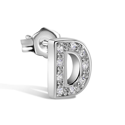 Rhodium Plated 925 Sterling Silver *SINGLE Letter Alphabet Clear CZ 8.8mm Stud Earring - BGE00387