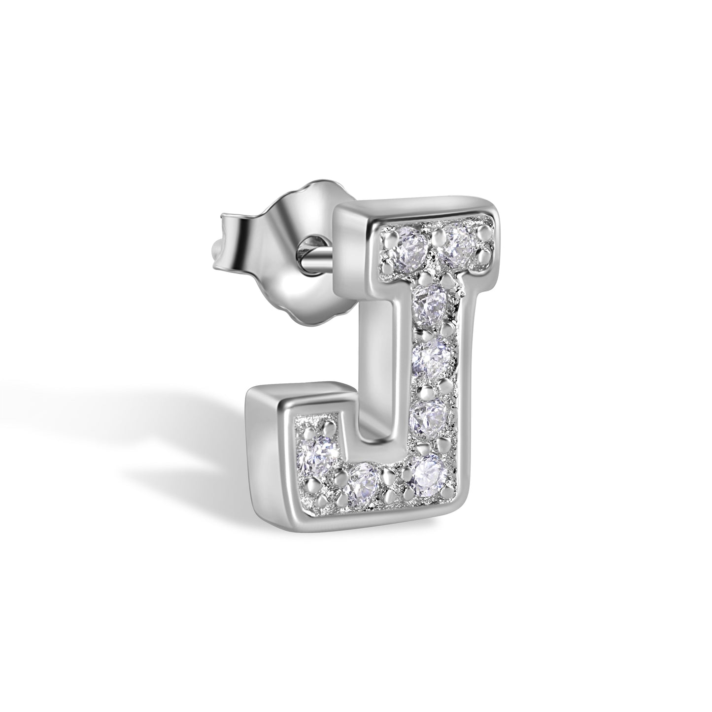 Rhodium Plated 925 Sterling Silver *SINGLE Letter Alphabet Clear CZ 8.8mm Stud Earring - BGE00387