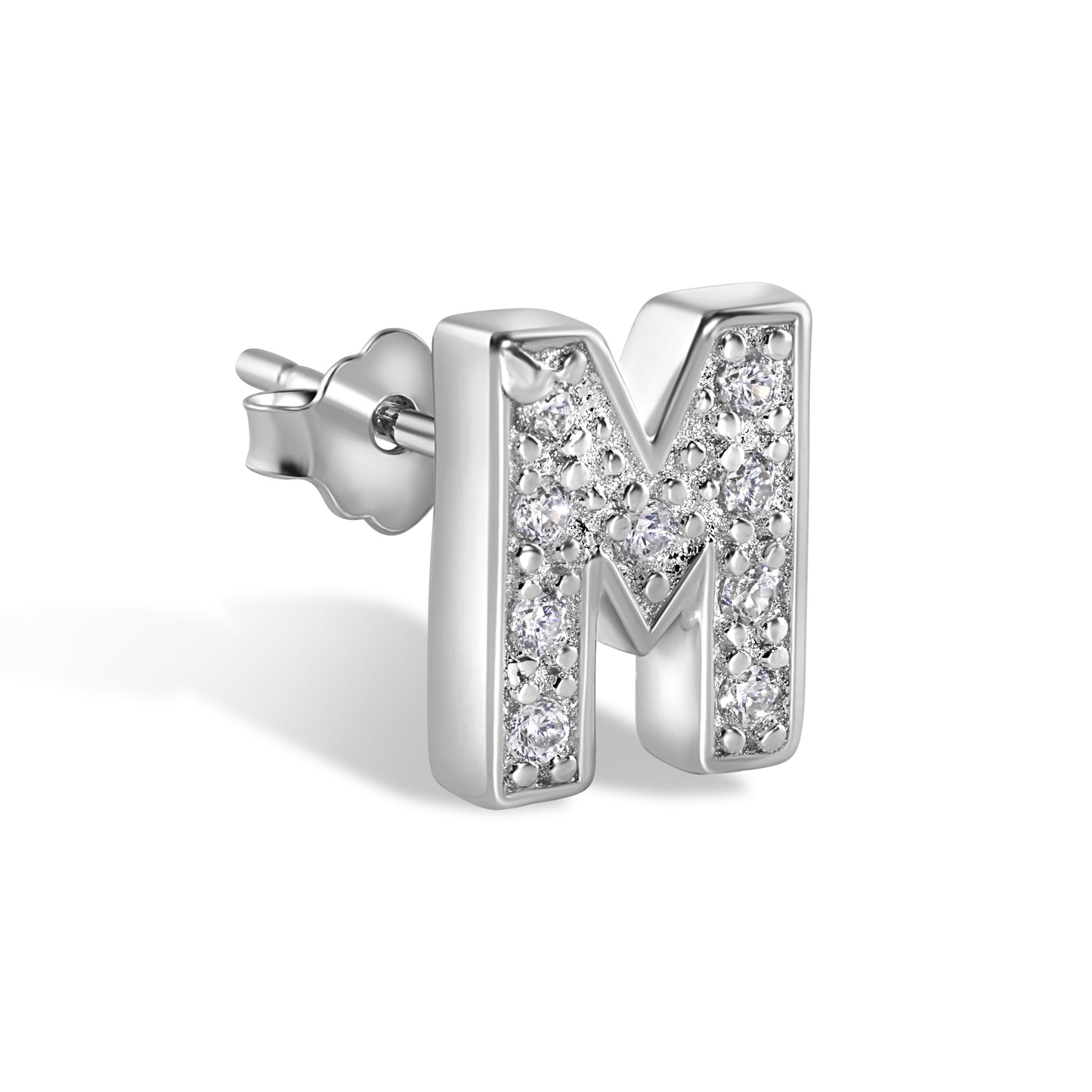 Rhodium Plated 925 Sterling Silver *SINGLE Letter Alphabet Clear CZ 8.8mm Stud Earring - BGE00387