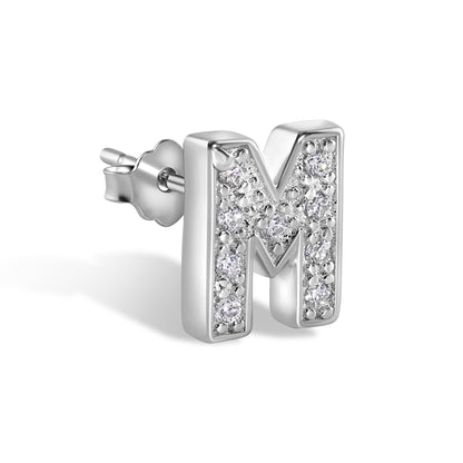 Rhodium Plated 925 Sterling Silver Letter Alphabet Clear CZ 8.8mm Stud Single Earring - BGE00387