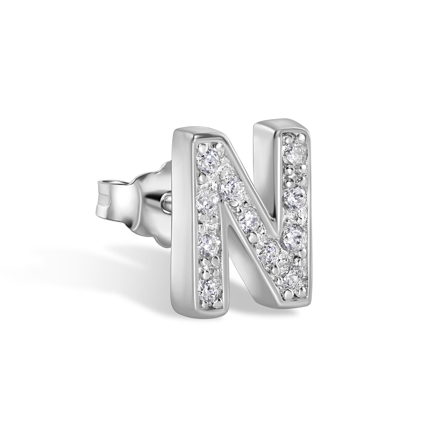 Rhodium Plated 925 Sterling Silver *SINGLE Letter Alphabet Clear CZ 8.8mm Stud Earring - BGE00387