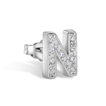 Rhodium Plated 925 Sterling Silver *SINGLE Letter Alphabet Clear CZ 8.8mm Stud Earring - BGE00387