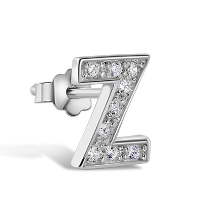 Rhodium Plated 925 Sterling Silver Letter Alphabet Clear CZ 8.8mm Stud Single Earring - BGE00387