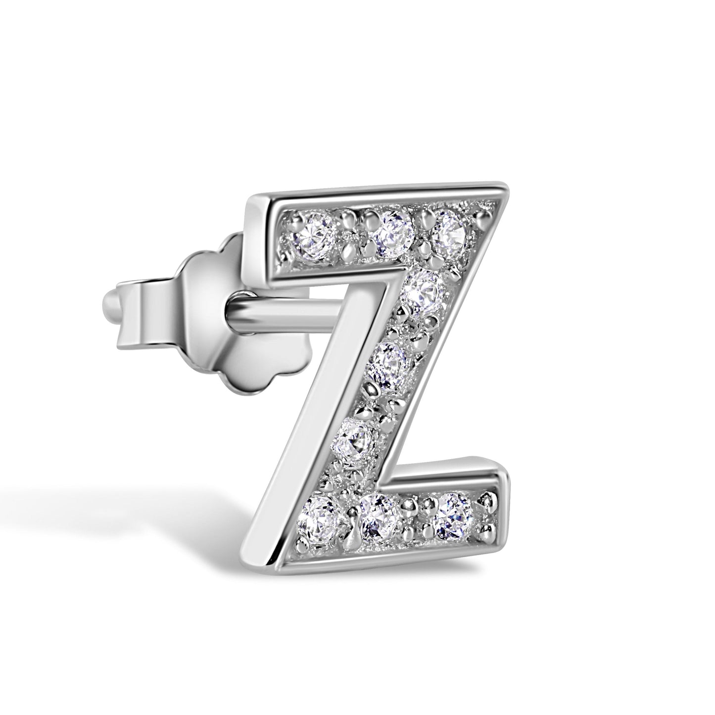 Rhodium Plated 925 Sterling Silver *SINGLE Letter Alphabet Clear CZ 8.8mm Stud Earring - BGE00387