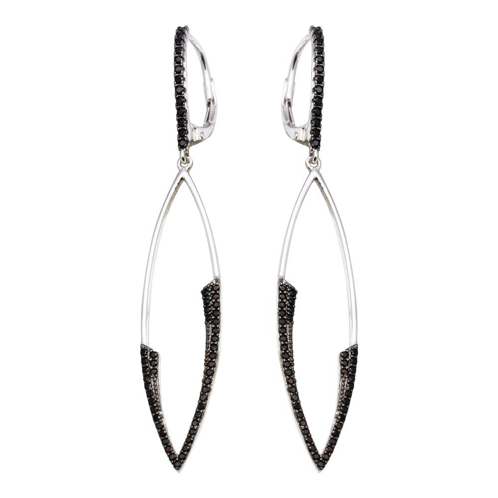 Rhodium Plated 925 Sterling Silver Black CZ Marquee Drop Earrings - BGE00596