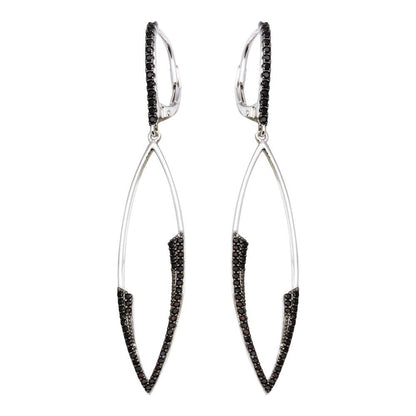 Rhodium Plated 925 Sterling Silver Black CZ Marquee Drop Earrings - BGE00596