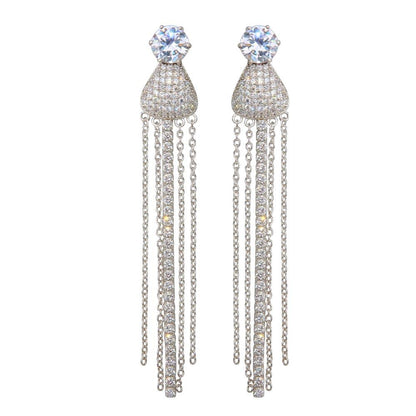 Silver 925 Rhodium Plated CZ Teardrop Chain Dangling Earrings - BGE00598 | Silver Palace Inc.