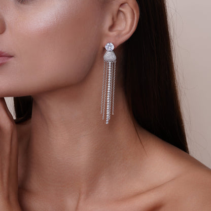 Rhodium Plated 925 Sterling Silver CZ Teardrop Chain Dangling Earrings - BGE00598