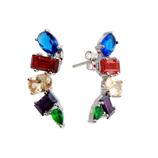 Silver 925 Rhodium Plated Multi-Colored and Multi-Shaped CZ Stone Earrings - BGE00612 | Silver Palace Inc.