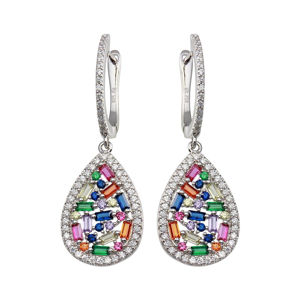 Rhodium Plated 925 Sterling Silver Multi Color Teardrop CZ Dangling Earrings - BGE00651 | Silver Palace Inc.