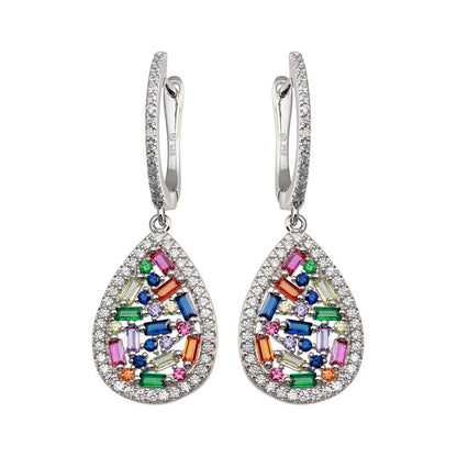 Rhodium Plated 925 Sterling Silver Multi Color Teardrop CZ Dangling Earrings - BGE00651 | Silver Palace Inc.