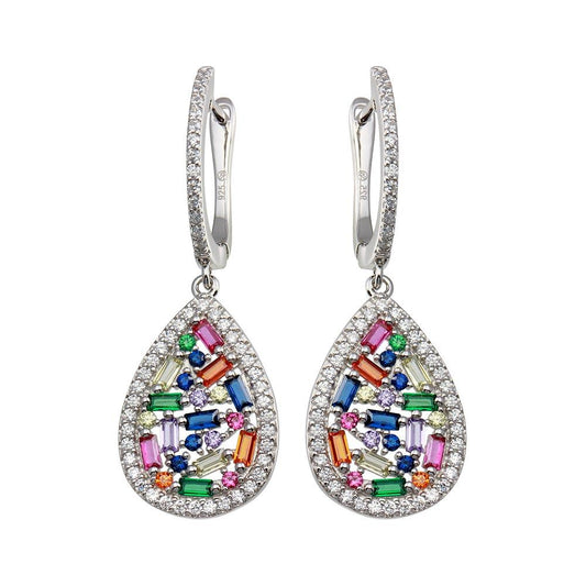 Rhodium Plated 925 Sterling Silver Multi Color Teardrop CZ Dangling Earrings - BGE00651 | Silver Palace Inc.