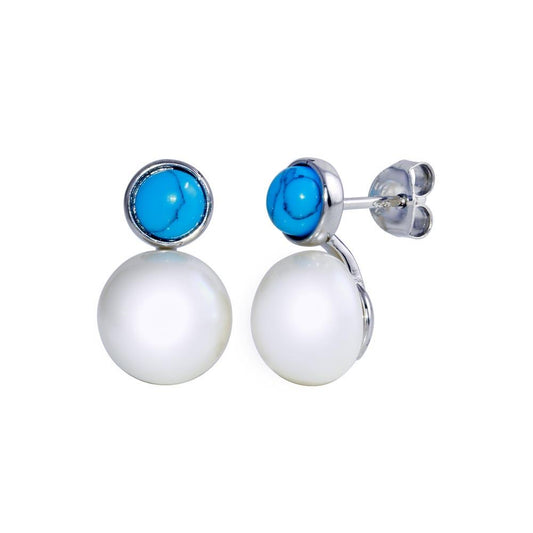 Rhodium Plated 925 Sterling Silver Pearl and Turquoise CZ Earrings - BGE00689 | Silver Palace Inc.