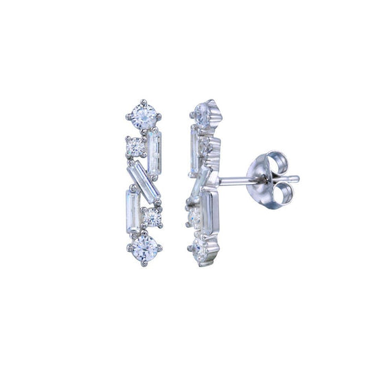 Rhodium Plated 925 Sterling Silver Linear Baguette CZ Earrings - BGE00710 | Silver Palace Inc.