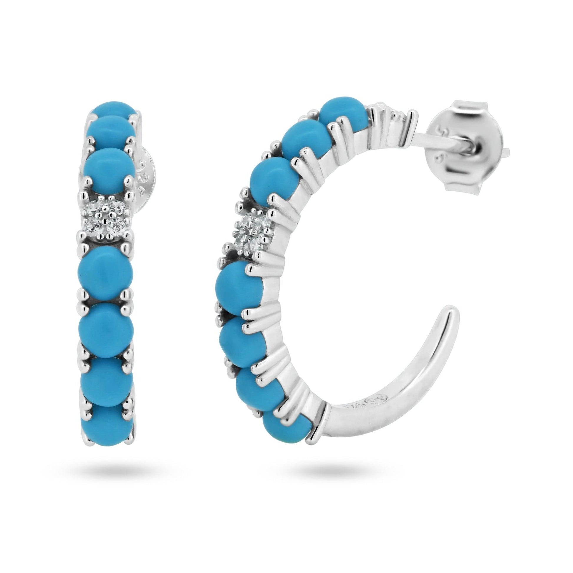 Rhodium Plated 925 Sterling Silver Semi Hoop Turquoise CZ Semi Hoop Earrings - BGE00742 | Silver Palace Inc.