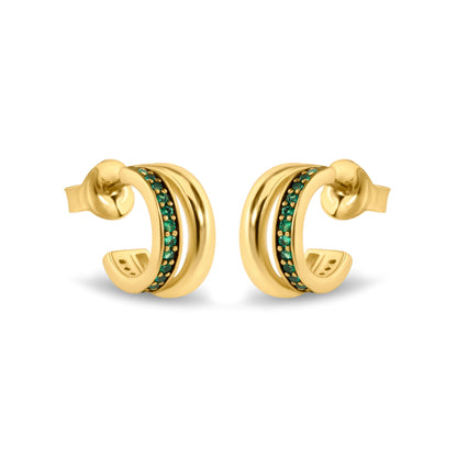 925 Sterling Silver Golden Plated Split Hoop Green CZ Stud Earrings - BGE00751