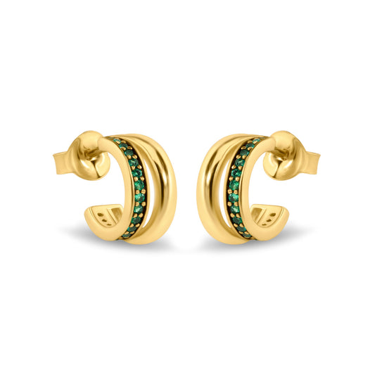 925 Sterling Silver Golden Plated Split Hoop Green CZ Stud Earrings - BGE00751