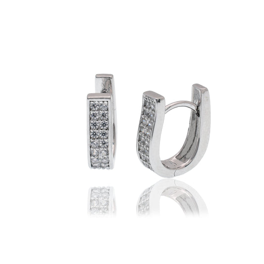 Rhodium Plated 925 Sterling Silver U Shape Clear CZ 3.9mm x 13.4mm Latch Earrings - BGE00752