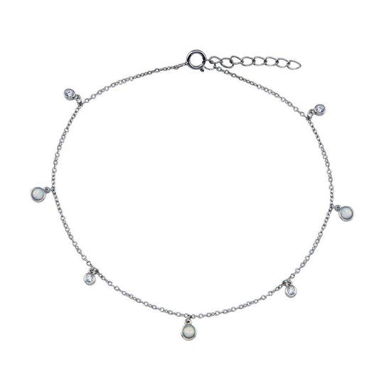 Rhodium Plated 925 Sterling Silver Dangling CZ MOP Link Anklet - BGF00034 | Silver Palace Inc.