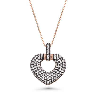 Clearance-Rose Gold Plated 925 Sterling Silver Black CZ Chunky Heart Pendant Necklace- BGP00637