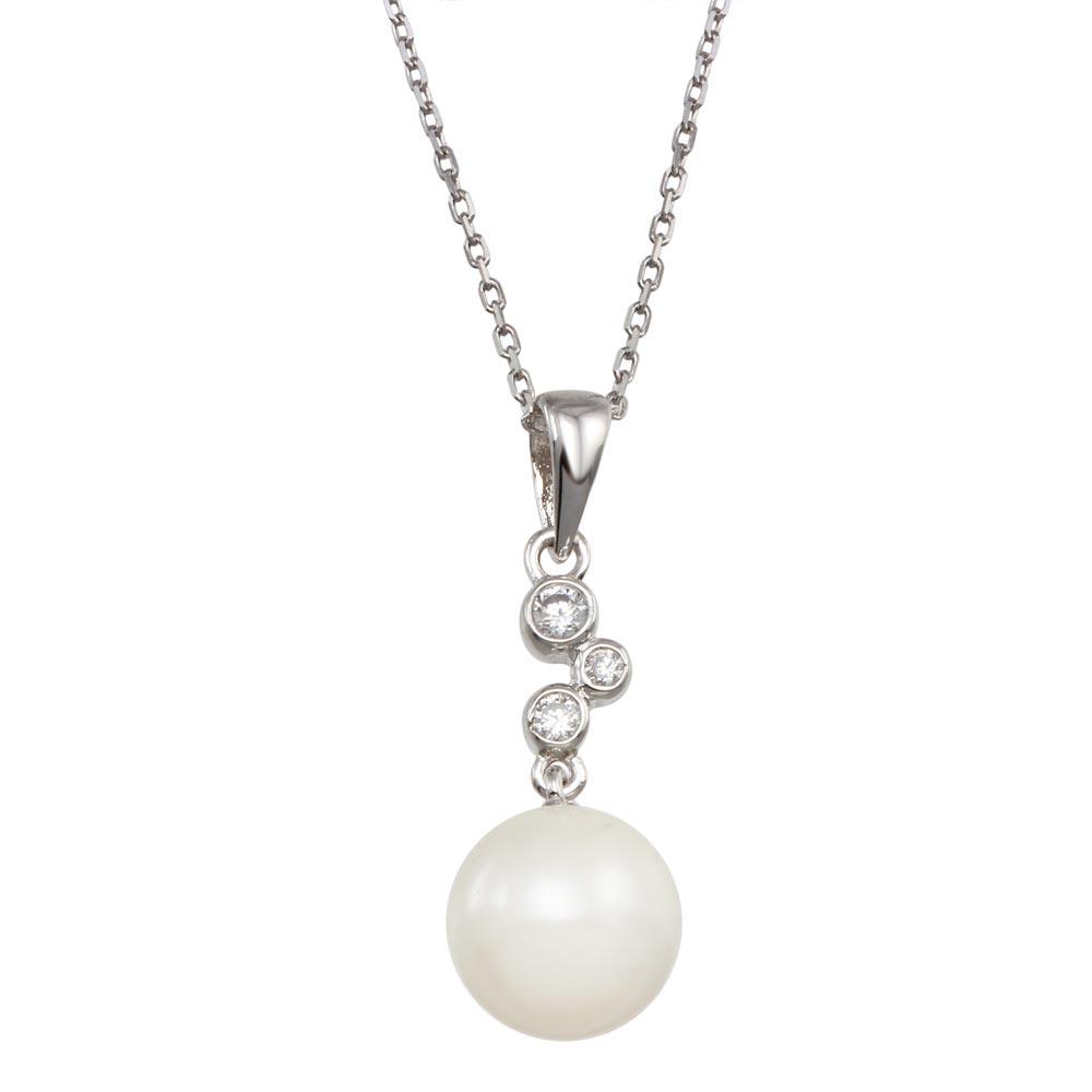 Rhodium Plated 925 Sterling Silver Synthetic Pearl CZ Drop Necklace - BGP00973 | Silver Palace Inc.