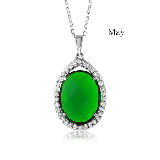 Rhodium Plated 925 Sterling Silver Oval CZ May Birthstone Necklace - BGP01034MAY | Silver Palace Inc.