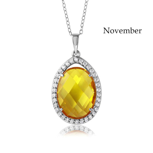 Rhodium Plated 925 Sterling Silver Oval CZ November Birthstone Necklace - BGP01034NOV | Silver Palace Inc.