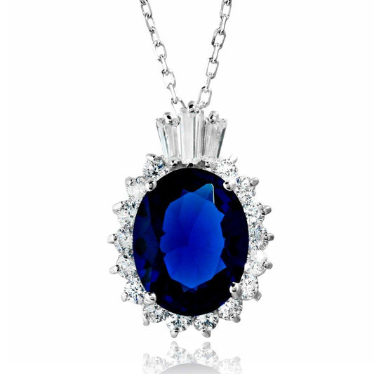 Silver 925 Rhodium Plated Oval Pave with Blue Baguette Crown CZ - BGP01188BLU | Silver Palace Inc.