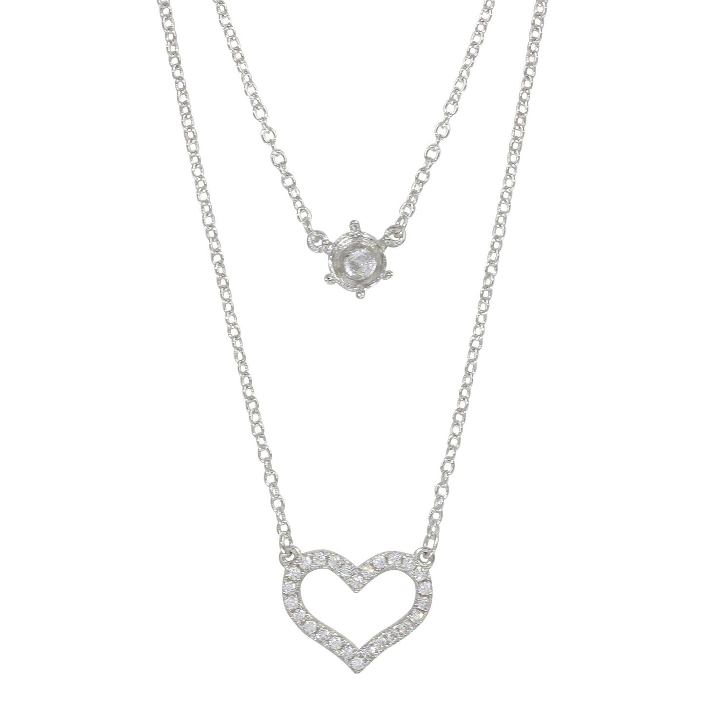 Silver 925 Rhodium Plated Double Chain Heart Necklace with Mounting Set - BGP01223 | Silver Palace Inc.