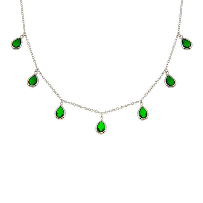 Silver 925 Rhodium Plated Dangling Green CZ Teardrop Necklace - BGP01250GRN