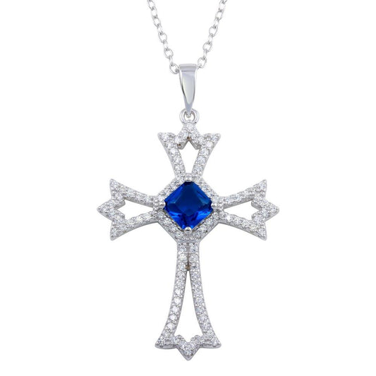 Silver 925 Rhodium Plated Blue CZ Center Open CZ Cross Necklace - BGP01319 | Silver Palace Inc.