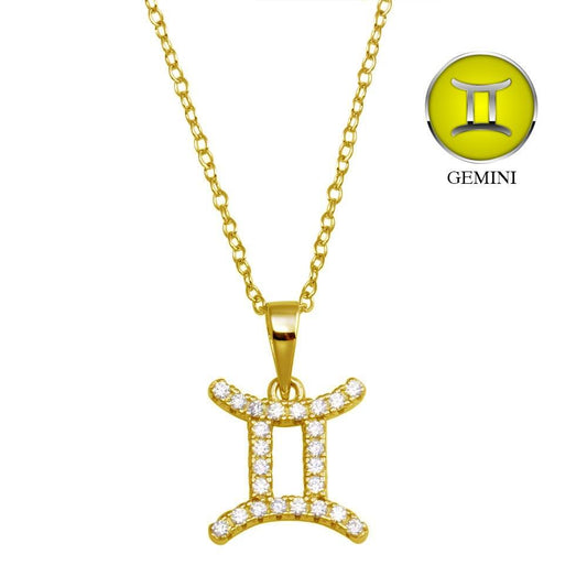 Silver 925 Gold Plated Gemini CZ Zodiac Sign Necklace - BGP01332GP | Silver Palace Inc.