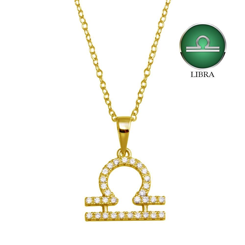 Silver 925 Gold Plated Libra CZ Zodiac Sign Necklace - BGP01337GP | Silver Palace Inc.