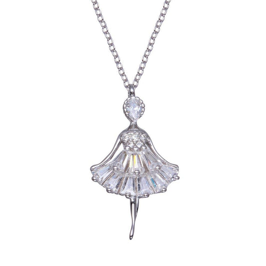Silver 925 Rhodium Plated Ballerina Baguette CZ Necklace - BGP01364 | Silver Palace Inc.