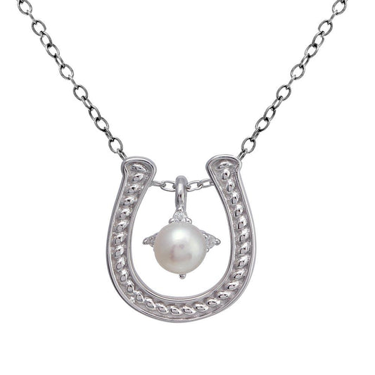 Silver 925 Clear Rhodium Plated Horse Shoe Pearl Center Necklace - BGP01374 | Silver Palace Inc.