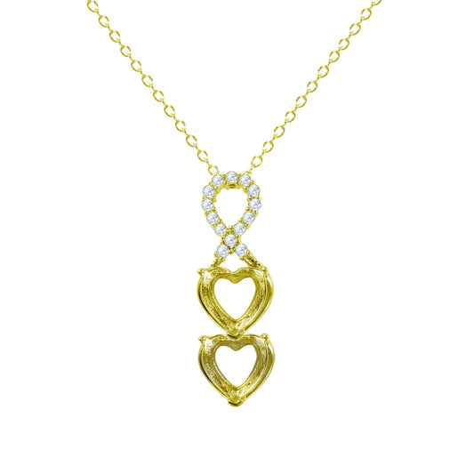 Gold Plated 925 Sterling Silver Personalized Ribbon 2 Hearts Drop Mounting Necklace - BGP01383GP