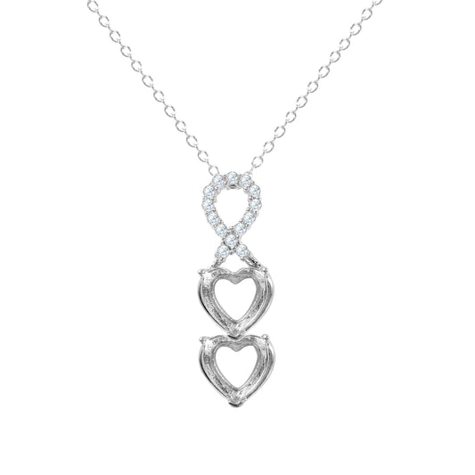 Rhodium Plated 925 Sterling Silver Personalized Ribbon 2 Hearts Drop Mounting Necklace - BGP01383RHD