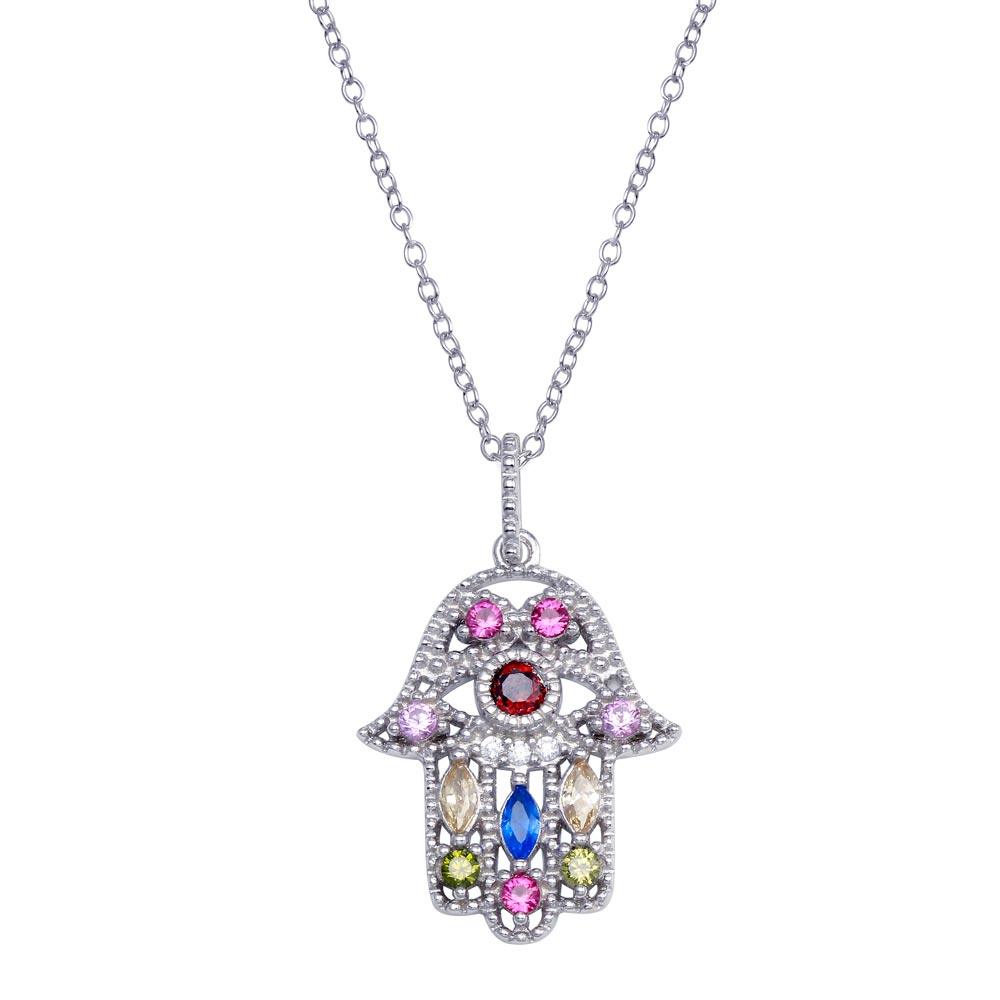 Silver 925 Silver CZ Multi Color Hamsa - BGP01392 | Silver Palace Inc.