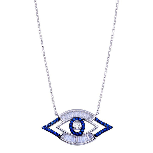 Rhodium Plated 925 Sterling Silver Clear Blue CZ Evil Eye Necklace - BGP01409 | Silver Palace Inc.