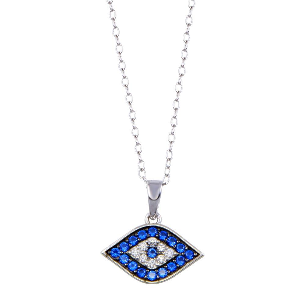 Rhodium Plated 925 Sterling Silver  Evil Eye Blue and Clear CZ Necklace - BGP01411 | Silver Palace Inc.