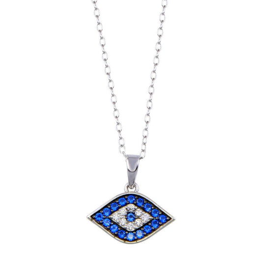 Rhodium Plated 925 Sterling Silver  Evil Eye Blue and Clear CZ Necklace - BGP01411 | Silver Palace Inc.