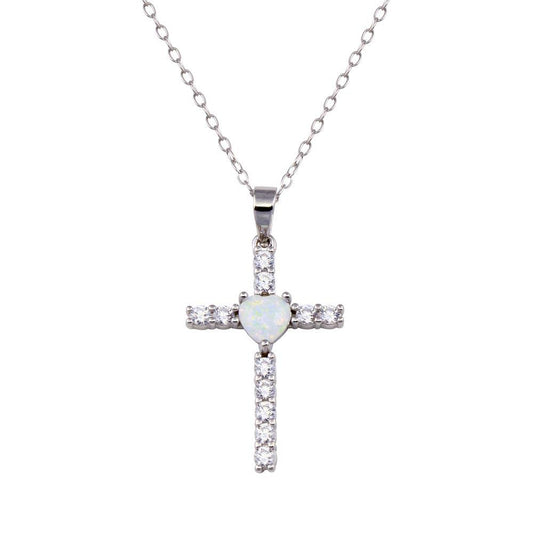 Rhodium Plated 925 Sterling Silver Cross Heart Opal Clear CZ Necklace - BGP01438 | Silver Palace Inc.