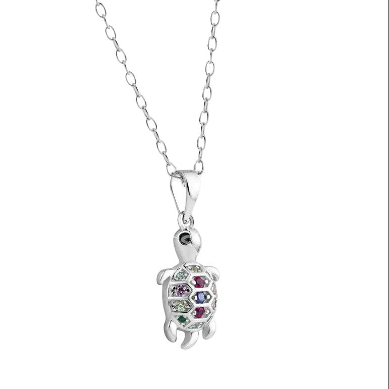 Rhodium Plated 925 Sterling Silver Clear Multi Color CZ Turtle Pendant Necklace - BGP01450
